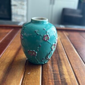Antique Miniature Chinese Porcelain Vase With Raised Molded Flowers